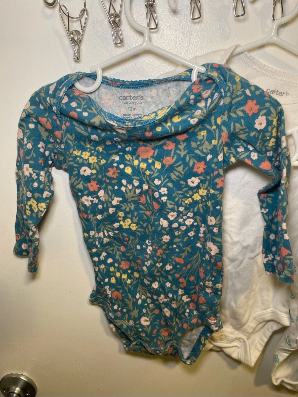 Carter's Teal Floral, White, and Teal Print Baby One-Piece Bodysuits